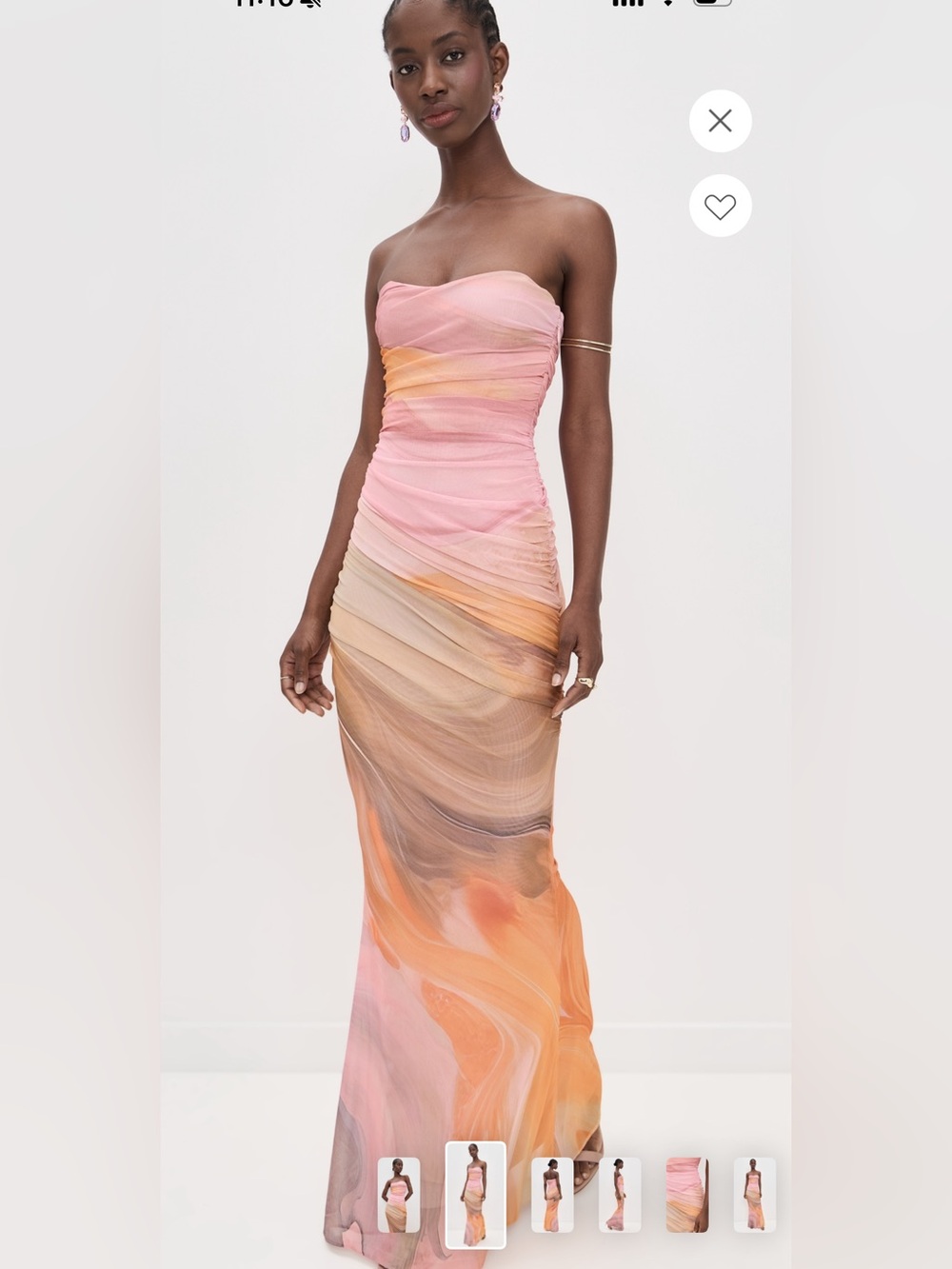 Retrofete Pink, Orange & Beige Strapless Ombre Ruched Maxi Dress